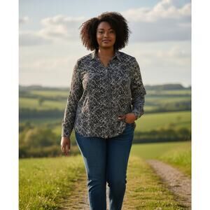 Coldwater Creek Blouse Womens 3X Black White Geometric No Iron Sheer Boho Career